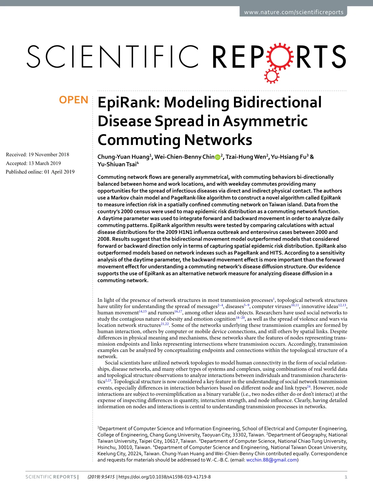 EpiRank paper first page — Scientific Reports 2019