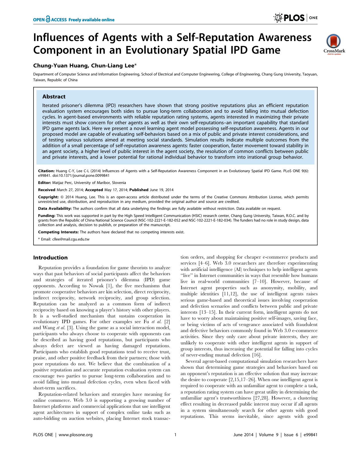 SRAC-Agent paper first page — PLOS ONE 2014