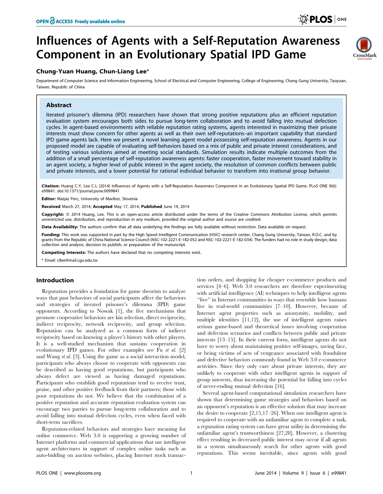 SRAC-Agent paper first page — PLOS ONE 2014